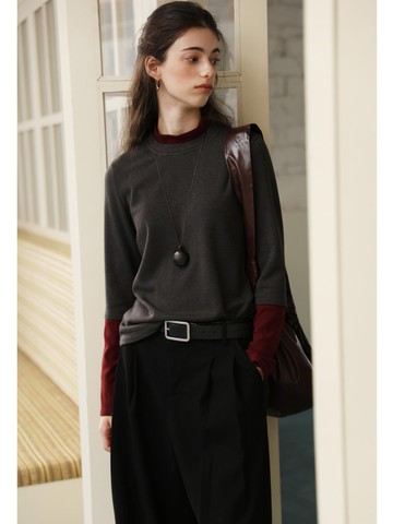 黑/灰 一九九零冬 法式文藝假兩件上衣 氣質通勤圓領撞色針織衫
