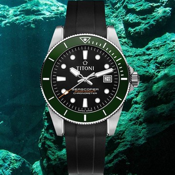 TITONI 梅花錶 Baby Seascoper 300 天文台認證陶瓷圈潛水機械錶 新年開運 送禮推薦-黑x綠 83300 S-GN-R-702