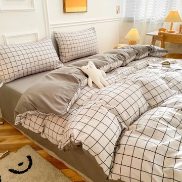 日式紐扣款水洗棉四件套夏裸睡簡約民宿條紋格子被套床單床上用品