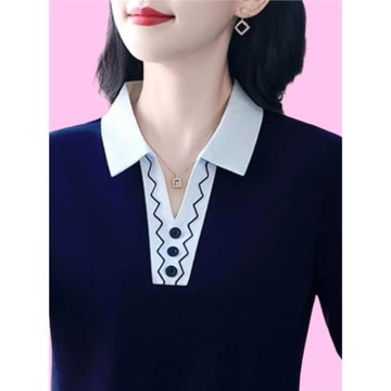 高級感顯瘦媽媽裝polo領長袖t恤女2025年春秋中老年休閑百搭上衣