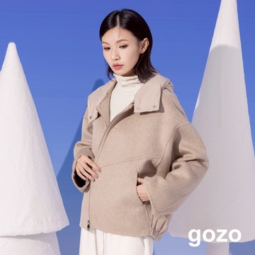 【gozo】質感羊毛可拆式連帽外套(淺卡其/深灰_F) | 女裝 連帽 保暖