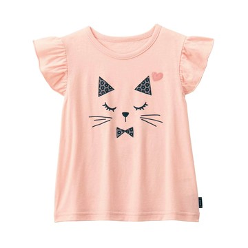 日本千趣會 - 純棉甜美荷葉短袖上衣-貓咪愛心-粉紅