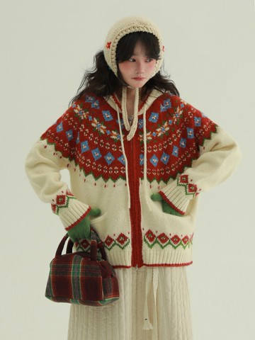 米白色 聖誕幾何 紅色系費爾島連帽毛衣 加厚復古撞色針織上衣