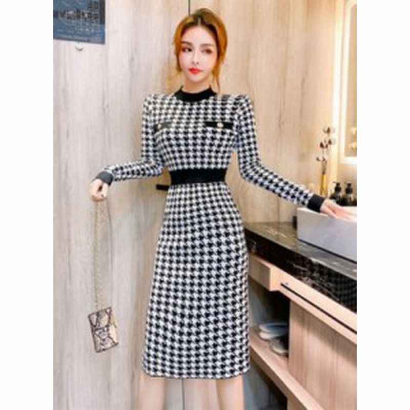 ワンピース 暖かい 細見え 秋冬 お呼ばれ パーティー 入学式 お出かけ デート 黒 白 千鳥格子柄 スリット 大人 フォーマル 清楚 可愛い 通販 Lineポイント最大1 0 Get Lineショッピング
