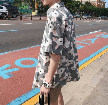 FINDSENSE H1 2018 夏季 新款 男 個性 動物印花  情侶 寬鬆 細條紋  短袖 襯衫 學生 潮上衣