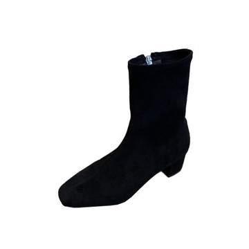 小池在首爾2024年秋冬季新款小方頭粗中跟側拉鏈瘦瘦靴女靴短靴子