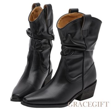 【Grace Gift】波希米亞尖頭V口皮革堆堆西部靴 黑