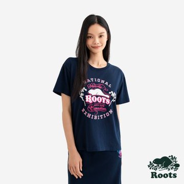 Roots女裝- EXHIBITION CREWNECK 短袖上衣-深藍色