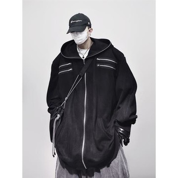 UUCSCC嘻哈潮牌休閑高街拉鏈衛衣潮流美式復古墊肩連帽帽衫外套男