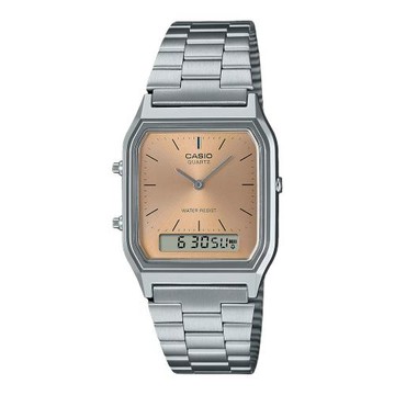 【CASIO 卡西歐】復古潮流 雙顯錶 香檳粉 不鏽鋼錶帶 每日鬧鈴 AQ-230A (AQ-230A-4A)