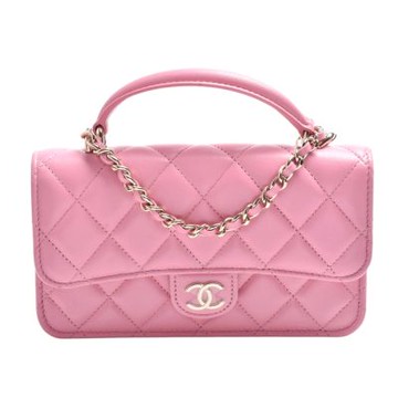 CHANEL 經典金色雙C LOGO菱格小羊皮磁釦WOC手提/斜背小包(粉紅色)