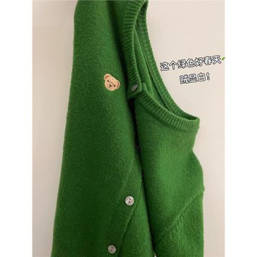 綠色圓領針織開衫毛衣外套女秋季新款高級感溫柔軟糯百搭疊穿上衣