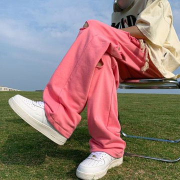 多巴胺穿搭破洞運動褲男夏季薄款寬松闊腿褲直筒休閑長褲情侶褲子