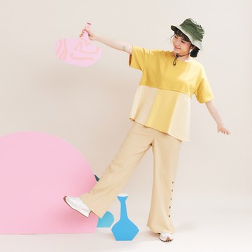 【Dailo】側鈕釦開衩竹節棉修身長褲 綠 灰 黃