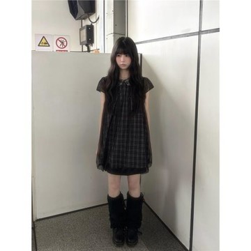 復古甜美學院風娃娃領格紋連衣裙女夏小個子設計感網紗拼接花苞裙