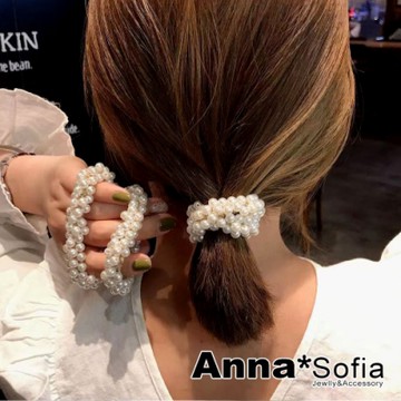 AnnaSofia 繁珠金線繞 純手工彈性髮束髮圈髮繩(米黃系)