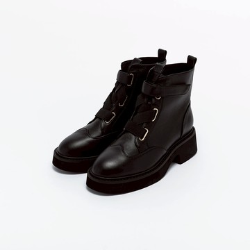 【Avivi】真皮彈力帶魔鬼氈平底短靴 - 黑色、米色