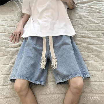 美式牛仔短褲男款夏季薄款牛仔五分褲鬆緊腰寬鬆美式複古高街中褲