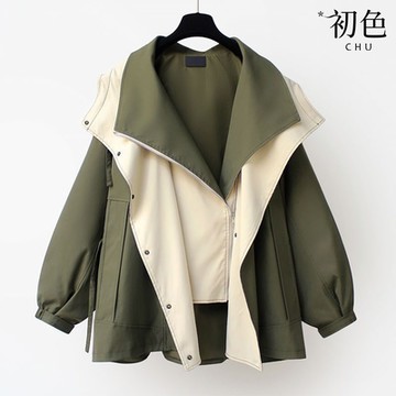 初色 撞色拼接收腰中長款單排釦拉鍊風衣外套女外套-共3色-38034(M-3XL可選)