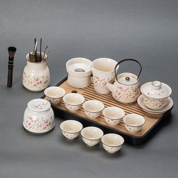 新款高檔米黃汝窯茶具套裝家用辦公陶瓷功夫泡茶杯蓋碗提梁壺茶盤