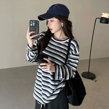 軟糯灰色條紋長袖 T 卹女2026早秋寬鬆落肩簡約休閒內搭圓領上衣