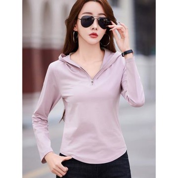 連帽衛衣純棉長袖t恤女夏 春秋短款帶帽打底小衫修身百搭薄款上衣