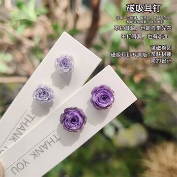 桃園出貨✨細閃金邊紫玫瑰磁吸耳釘無耳洞星人福音漸變紫花耳飾 無痛耳夾款