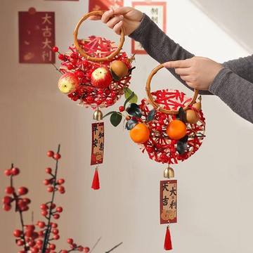 【免運】新年裝潢 過年裝飾 喬遷掛件 石榴紅果花環 春節裝飾 家居裝飾 新年佈置 門掛 竹編 喬遷之喜 櫥窗掛飾
