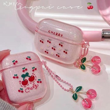 粉色櫻桃掛墜適用AirPodspro2代蘋果1/2/3代防摔pro軟殼耳機殼