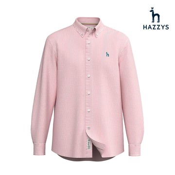 【HAZZYS】男款粉橘色夏季輕盈透氣商務休閒基本款長袖條紋襯衫 YZVKB322