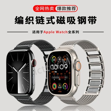 【免運】適用iwatch蘋果手錶金屬不鏽鋼錶帶AppleWatch編織磁吸鏈式手錶帶