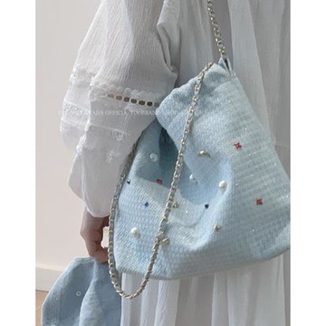 針織呢子垃圾袋包包女2023新款潮時尚小香風托特包百搭鏈條斜挎包