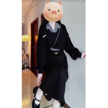 學院風套裝黑色Polo領短款針織衫女秋冬款早秋兩件套外搭罩衫毛衣