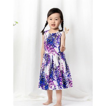 夏季新款女童連衣裙親子母女裝兒童寶寶公主背心裙紫藤花純棉