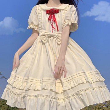 WF原創設計奶油杏洋裝Lolita可愛短袖op連衣裙女夏洋裝洛麗塔