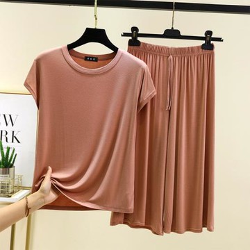 莫代爾短袖七分褲家居服套裝女夏季薄款可外穿睡衣睡褲胖mm兩件套