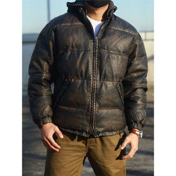 茶芯綿羊皮 無涂水洗做舊闊版寬松短款加厚保暖真皮羽絨服男皮衣