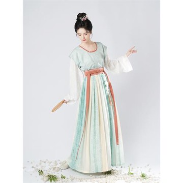 織造司原創漢服越窯[青釉瓶]唐制褙子窄袖圓領衫齊腰撞色印花褶裙