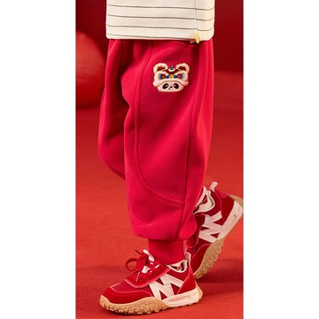 DUDUJIA - 腰鬆緊休閒長褲/束口褲(加絨)-福氣熊貓-紅色