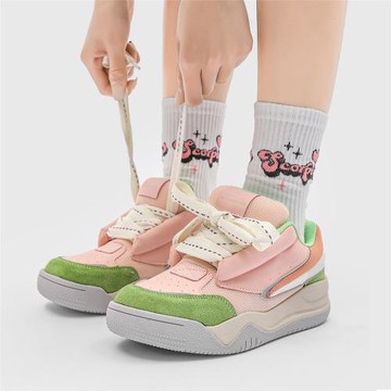 冉言 2024春季新款厚底圓頭面包鞋拼色百搭ins潮板鞋女運動休閑鞋