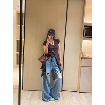 KOGIRL天絲破洞闊腿牛仔褲女夏季新款美式復古高腰寬松休閑拖地褲