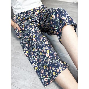 夏季女棉綢家居睡褲松緊腰印花七分褲薄款透氣人造棉可外穿闊腿褲