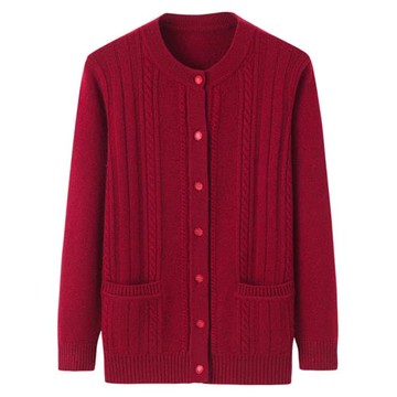 絨喆秋冬中老年媽媽毛衣過年紅色女圓領毛衣開衫加厚羊絨衫K1838