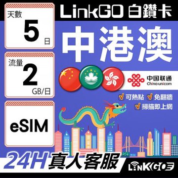LINKGO白鑽卡 中港澳 eSIM卡 5天上網卡 每日2GB 高速流量 免翻牆可熱點(中港澳網卡 中國 大陸 香港 澳門 虛擬卡)