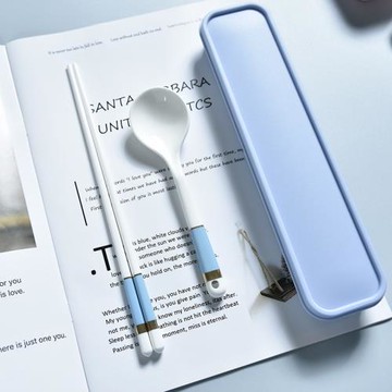 創意便攜筷子勺子套裝陶瓷餐具三件套學生上班族收納盒可愛好看