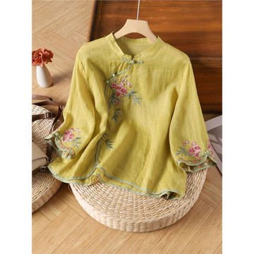 撿漏~專柜尾貨棉麻復古斜襟盤扣襯衫女夏季寬松立領七分袖上衣女