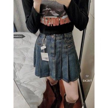 高腰百褶牛仔半身裙女夏季大碼胖mm遮肚顯瘦設計感a字包臀短裙子