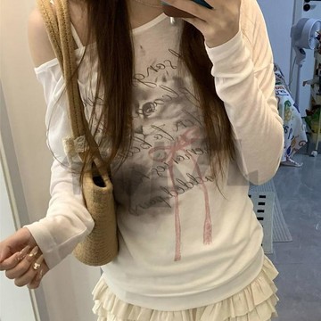 【佈小九】 貓咪印花假兩件防曬罩衫女夏日設計感小衆輕薄露肩t恤上衣 簡約防曬衣