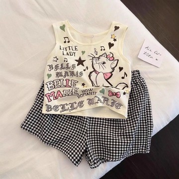 Healthy baby 新款女童夏季套裝兒童背心格子褲韓版卡通寶寶薄款夏裝兩件套 女童套装 儿童套装 短袖