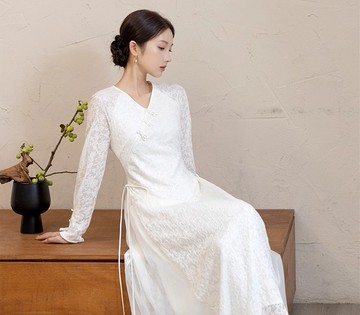 新中式中國風 奧黛拼紗提花茶服 修身收腰洋裝